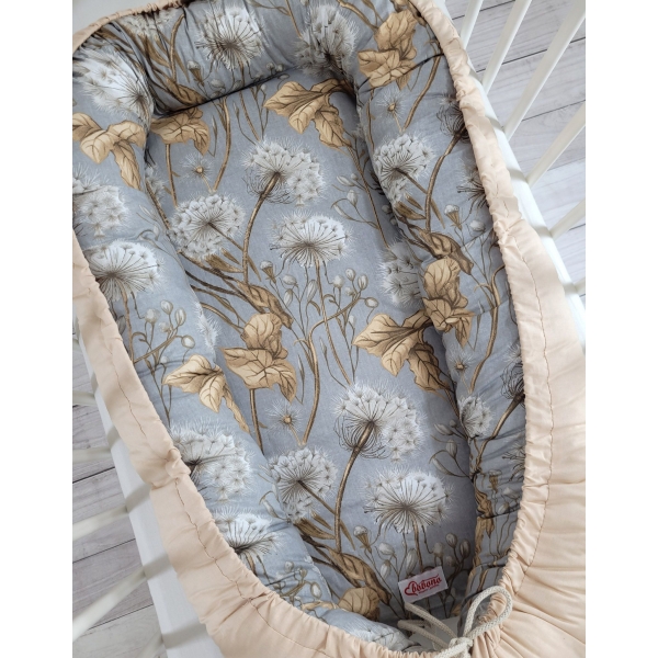 Premium doppelseitig Babynestchen Baby-Kokon  dandelions grey/ beige