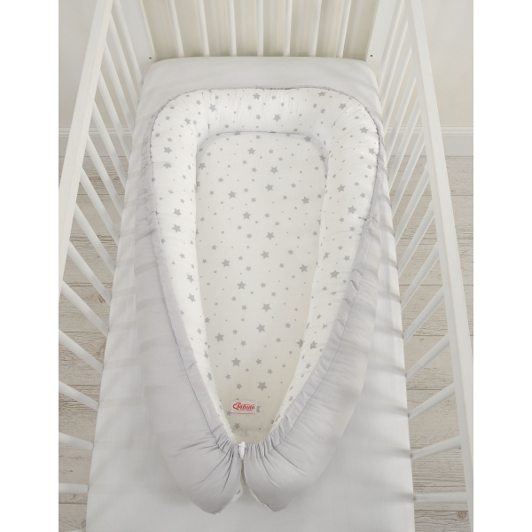 Premium doppelseitig Babynestchen Baby-Kokon Mini Sternchen grau/ grau