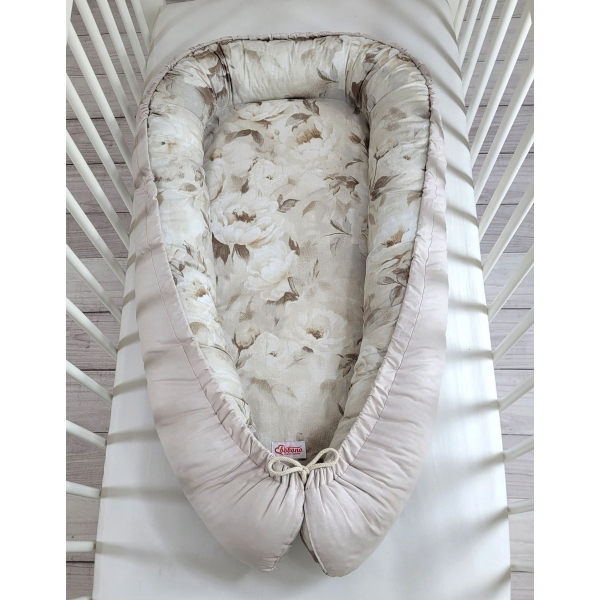 Premium doppelseitig Babynestchen Baby-Kokon  peonies/ stone