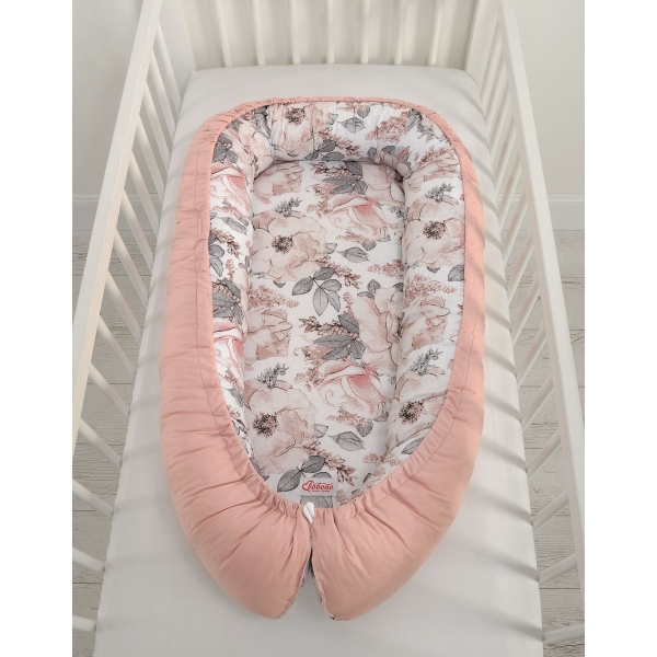 Premium doppelseitig Babynestchen Baby-Kokon - Sepia-Rosen/altrosa