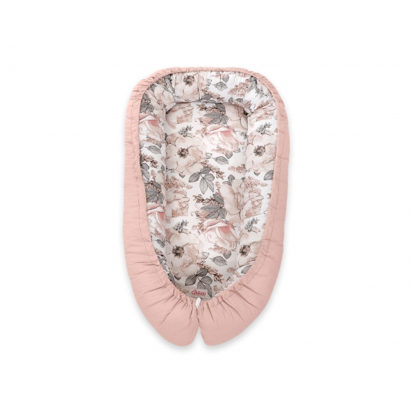 Premium doppelseitig Babynestchen Baby-Kokon - Sepia-Rosen/altrosa