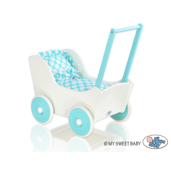 Holzpuppenwagen Mila mit Bettwäsche Türkis Weiß 135025-769