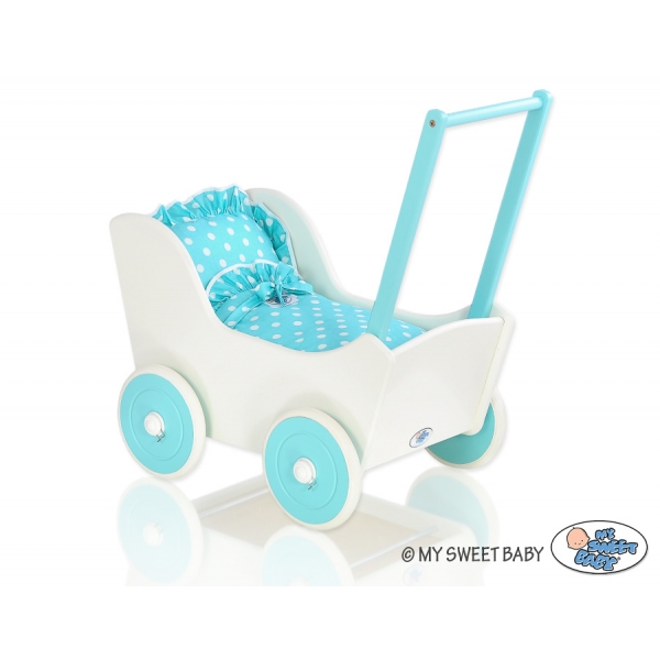 Holzpuppenwagen Mila Türkis Weiß mit Bettwäsche 135025-552