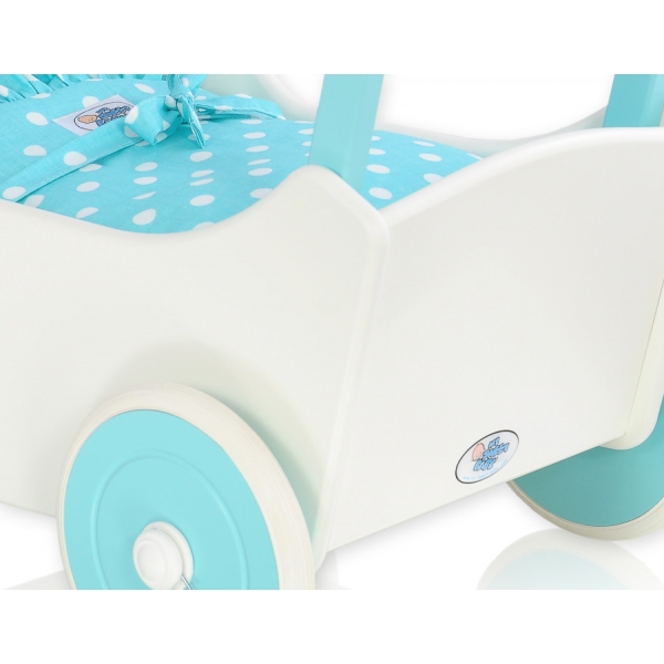 Holzpuppenwagen Mila Türkis Weiß mit Bettwäsche 135025-552