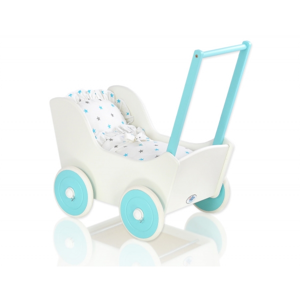 Holzpuppenwagen Mila Türkis Weiß mit Bettwäsche 135025-623