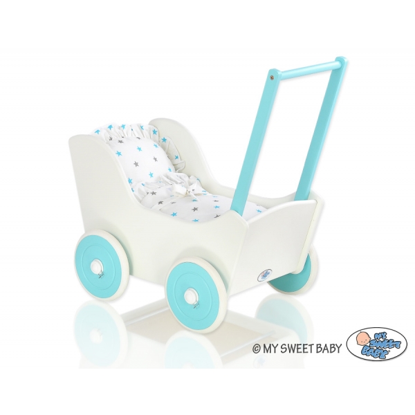 Holzpuppenwagen Mila Türkis Weiß mit Bettwäsche 135025-623