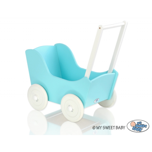 Holzpuppenwagen Mila Weiß Türkis mit Bettwäsche 135027