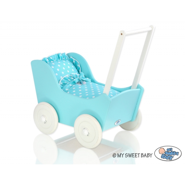 Holzpuppenwagen mit Bettwäsche Mila Türkis Weiß 135027-552