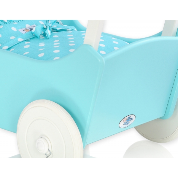 Holzpuppenwagen mit Bettwäsche Mila Türkis Weiß 135027-552