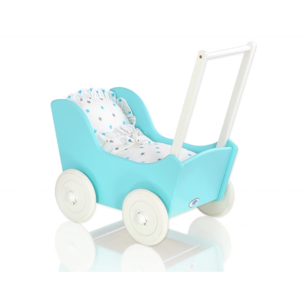 Holzpuppenwagen mit Bettwäsche Mila Türkis Weiß 135027-623
