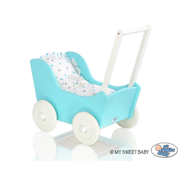 Holzpuppenwagen mit Bettwäsche Mila Türkis Weiß 135027-623