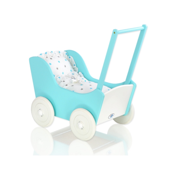 Holzpuppenwagen mit Bettwäsche Mila Weiß Türkis 135026-623