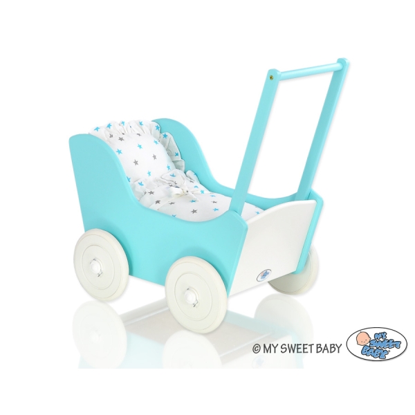 Holzpuppenwagen mit Bettwäsche Mila Weiß Türkis 135026-623