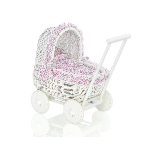Puppenwagen aus echtem Holz und Weide Weiß + Bettwäscheset nr 71701-533