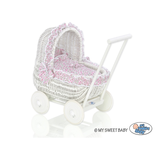 Puppenwagen aus echtem Holz und Weide Weiß + Bettwäscheset nr 71701-533
