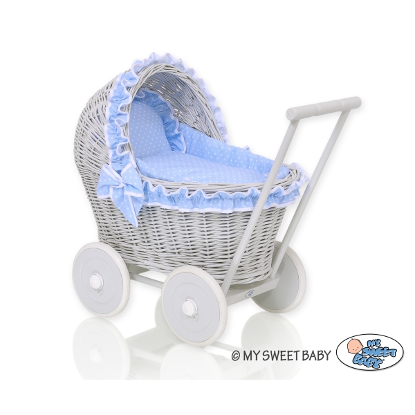 Puppenwagen aus Grau Weide Bettwäsche Blau mit Weiß Punktmuster nr 61702-588