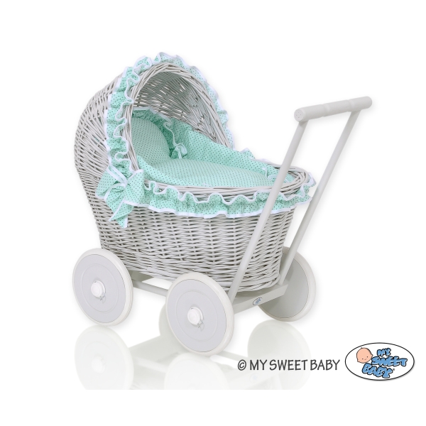 Puppenwagen aus Grau Weide Bettwäsche Minze Punktmuster nr 61702-1034