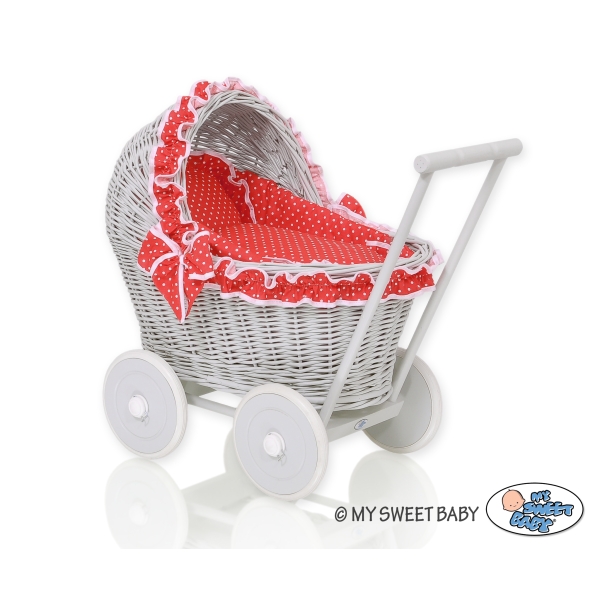 Puppenwagen aus Grau Weide Bettwäsche Rot mit Punktmuster nr 61702-763