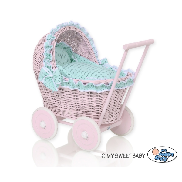 Puppenwagen aus Pink Weide Bettwäsche Minze Punktmuster nr 81702-1034