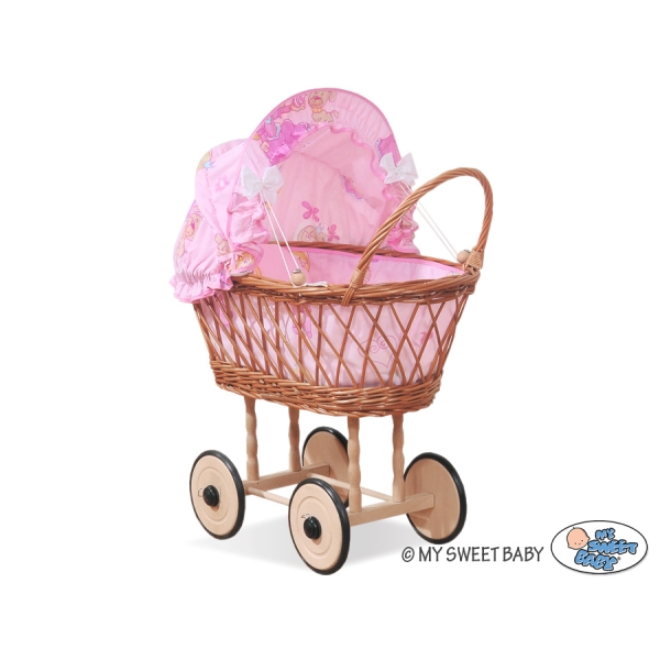 Puppenwagen aus Weide Pink Bettwäsche
