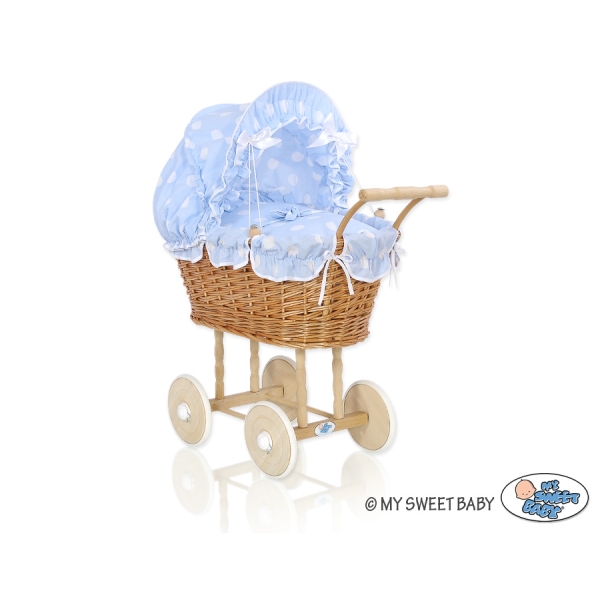 Puppenwagen aus Weide Bettwäsche Blau mit Punktmuster nr 1699-741
