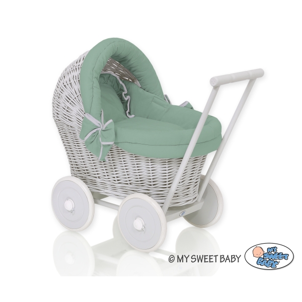 Puppenwagen aus Weide Grau weißgrün Bettset