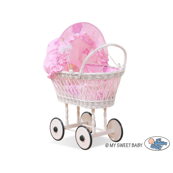 Puppenwagen aus Weide mit Bettwäsche