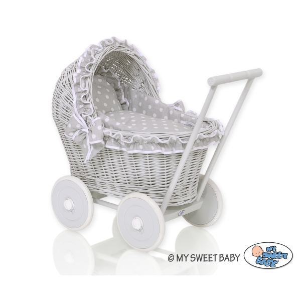 Puppenwagen Grau Weide Bettwäsche Grau mit Weiß Punktmuster nr 61702-583