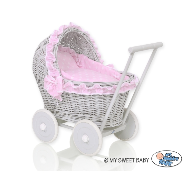 Puppenwagen Grau Weide Bettwäsche Rosa Punktmuster nr 61702-553
