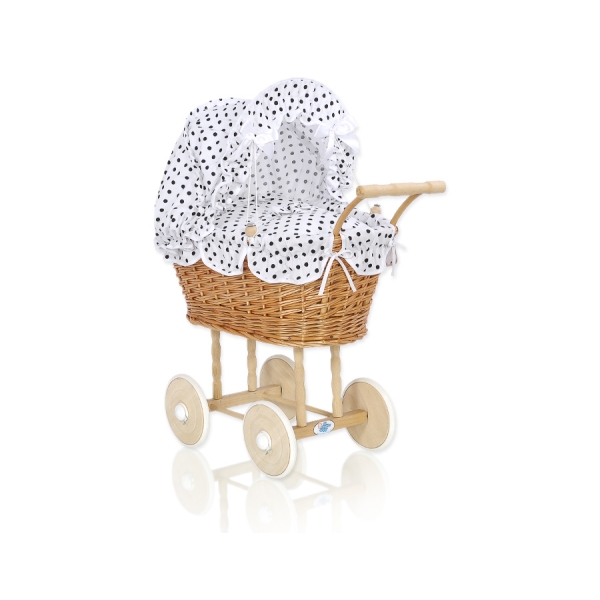 Puppenwagen Korb aus Naturweide Bettwäsche Weiß mit Schwarz-Punktmuster nr 1699-738