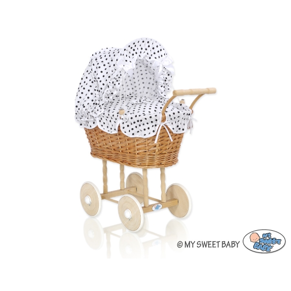 Puppenwagen Korb aus Naturweide Bettwäsche Weiß mit Schwarz-Punktmuster nr 1699-738