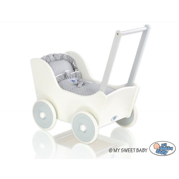 Puppenwagen aus Holz mit Bettwäsche Set Mila Weiß Grau
