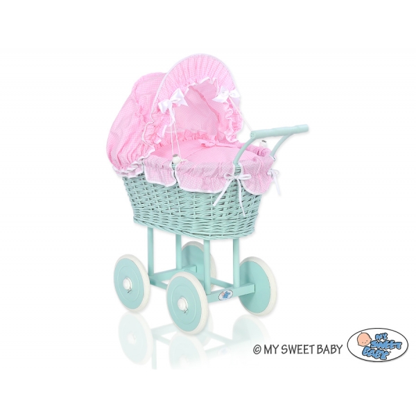 Puppenwagen Minze Weidengeflecht Bettwäsche Rosa Kariert nr 21699-377
