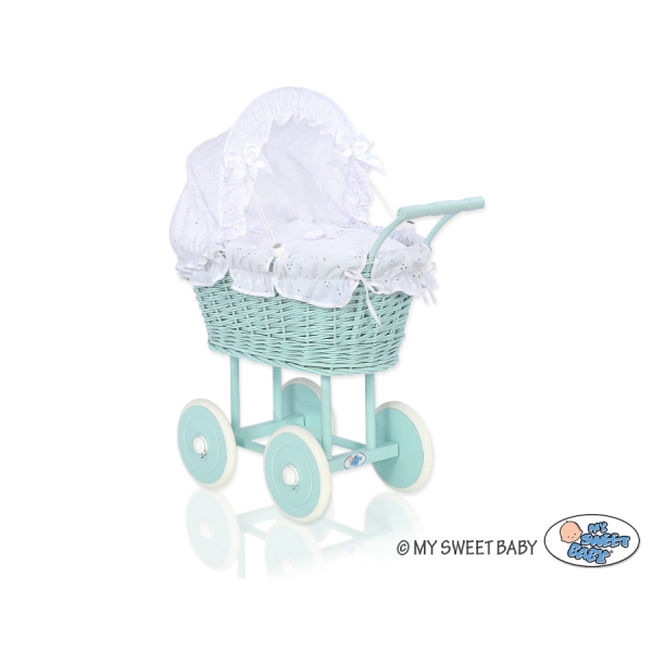 Puppenwagen Minze Weide Bettwäsche Weiß Weiß mit Stickerei nr 21699-906