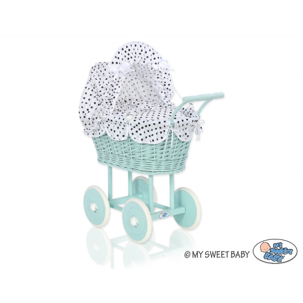 Puppenwagen Minze Weide mit Puppen Bettwäsche Weiß mit Schwarz-Punktmuster nr 21699-738