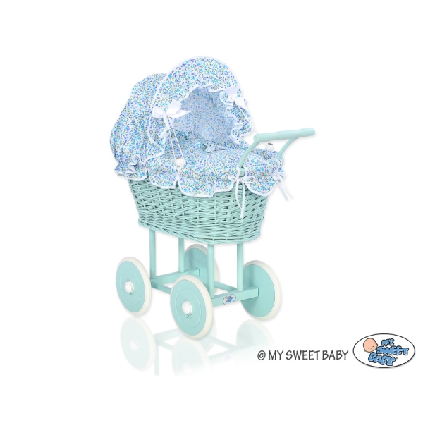 Puppenwagen  Minze Weidengeflecht Puppen Bettwäsche blaue Blümchen nr 21699-532