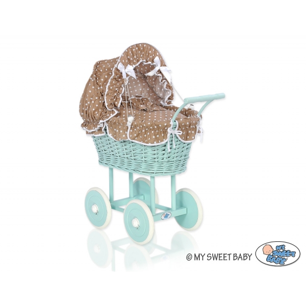 Puppenwagen Minze Weidengeflecht Bettwäsche Braun Punktmuster nr 21699-584