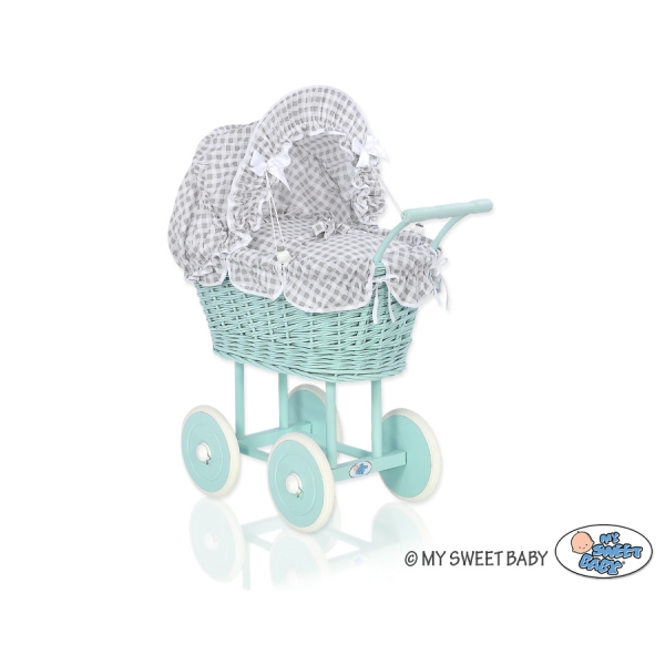 Puppenwagen Minze Weidengeflecht Bettwäsche Grau Kariert nr 21699-619