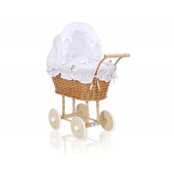Puppenwagen Natur Weide Weiß Bettwäsche mit Stickerei nr 1699-906