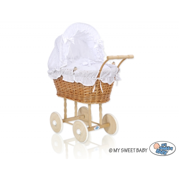 Puppenwagen Natur Weide Weiß Bettwäsche mit Stickerei nr 1699-906