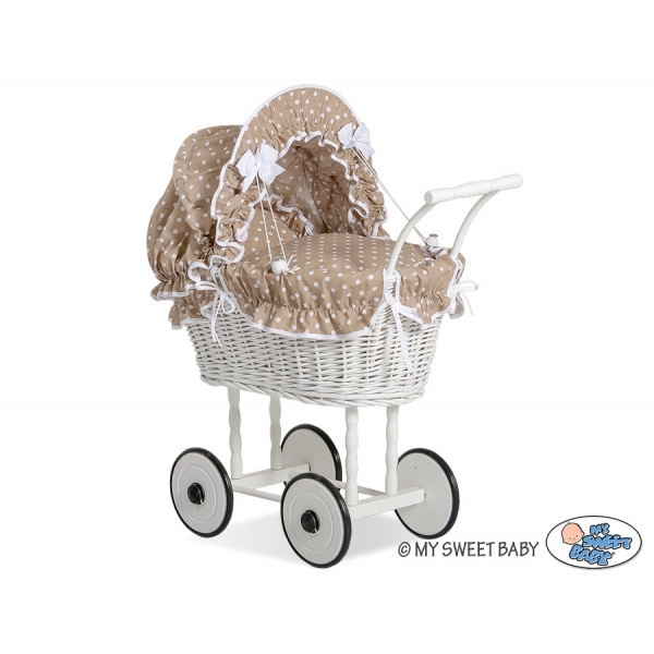 Rattanpuppenwagen Weiß Braun Punktmuster  nr 71699-584