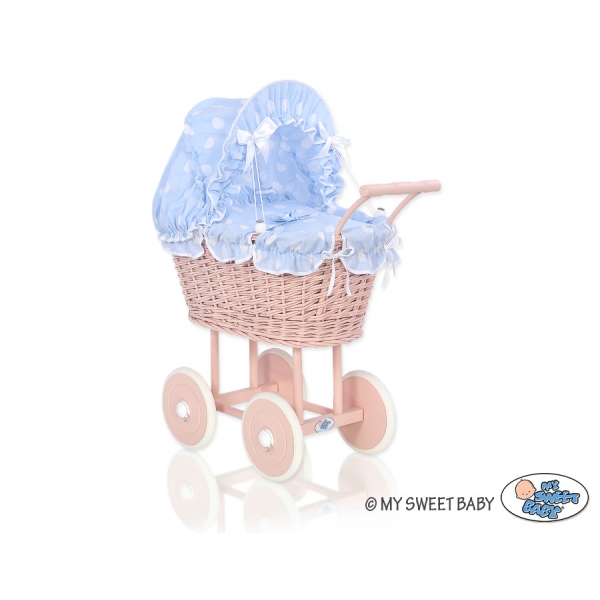Puppenwagen Puderrosa Rattan Bettwäsche Blau mit Punktmuster nr 11699-741