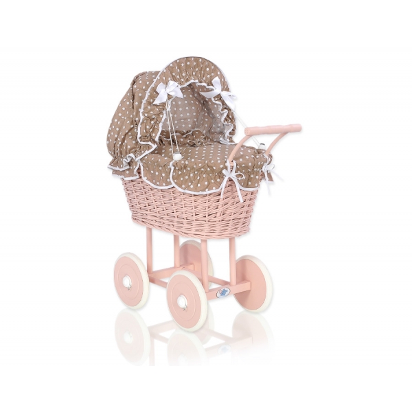 Rattan Puppenwagen Puderrosa Weide Bettwäsche Braun Punktmuster nr 11699-584