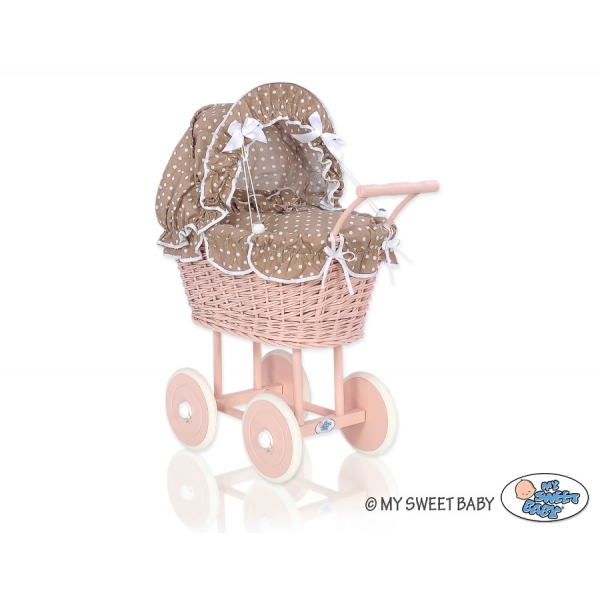 Rattan Puppenwagen Puderrosa Weide Bettwäsche Braun Punktmuster nr 11699-584