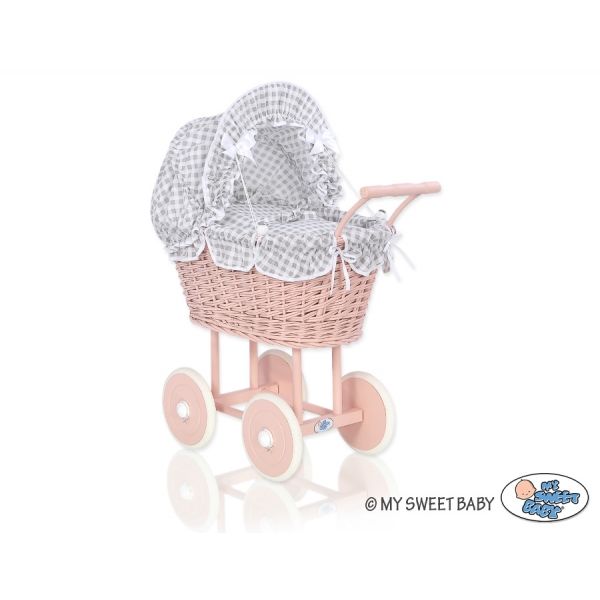Puppenwagen Puderrosa Rattan Weide Bettwäsche Grau Kariert nr 11699-619