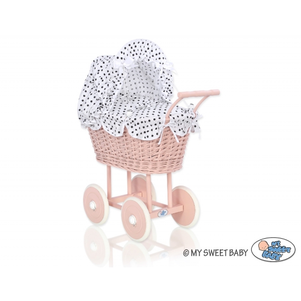 Retro Puppenwagen Puderrosa Rattan Bettwäsche Weiß mit Schwarz-Punktmuster nr 11699-738