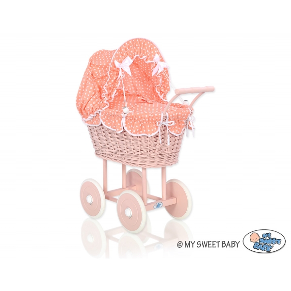 Puppenwagen Rattan Holz Puderrosa Weide mit Puppen Bettwäsche Pfirsich Punktmuster nr 11699-761