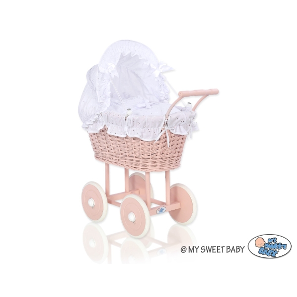 Puppenwagen Rattan und Holz Puderrosa  mit Puppen Bettwäsche Weiß mit Stickerei nr 11699-906