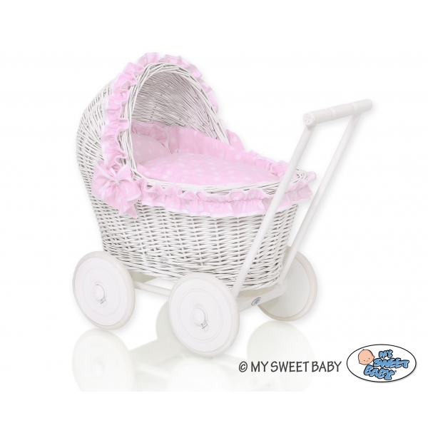 Puppenwagen Puppenkorb Weide Bettwäsche Rosa Punktmuster nr 71702-553