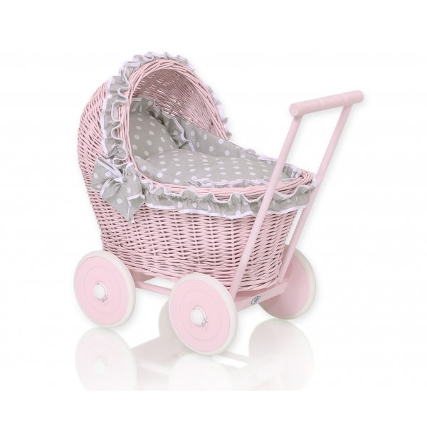 Puppenwagen Rosa Weide Bettwäsche Grau mit Weiß Punktmuster nr 81702-583